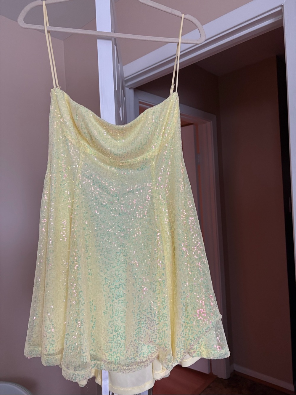 Lucy in the Sky Pale Yellow Sequined Cowl Slip Dress